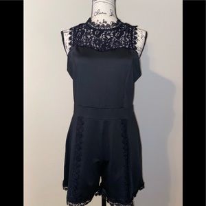 SheKiss Women's Sleeveless Mock Neck Lace Splice Bodycon Shorts Jumpsuit Romper